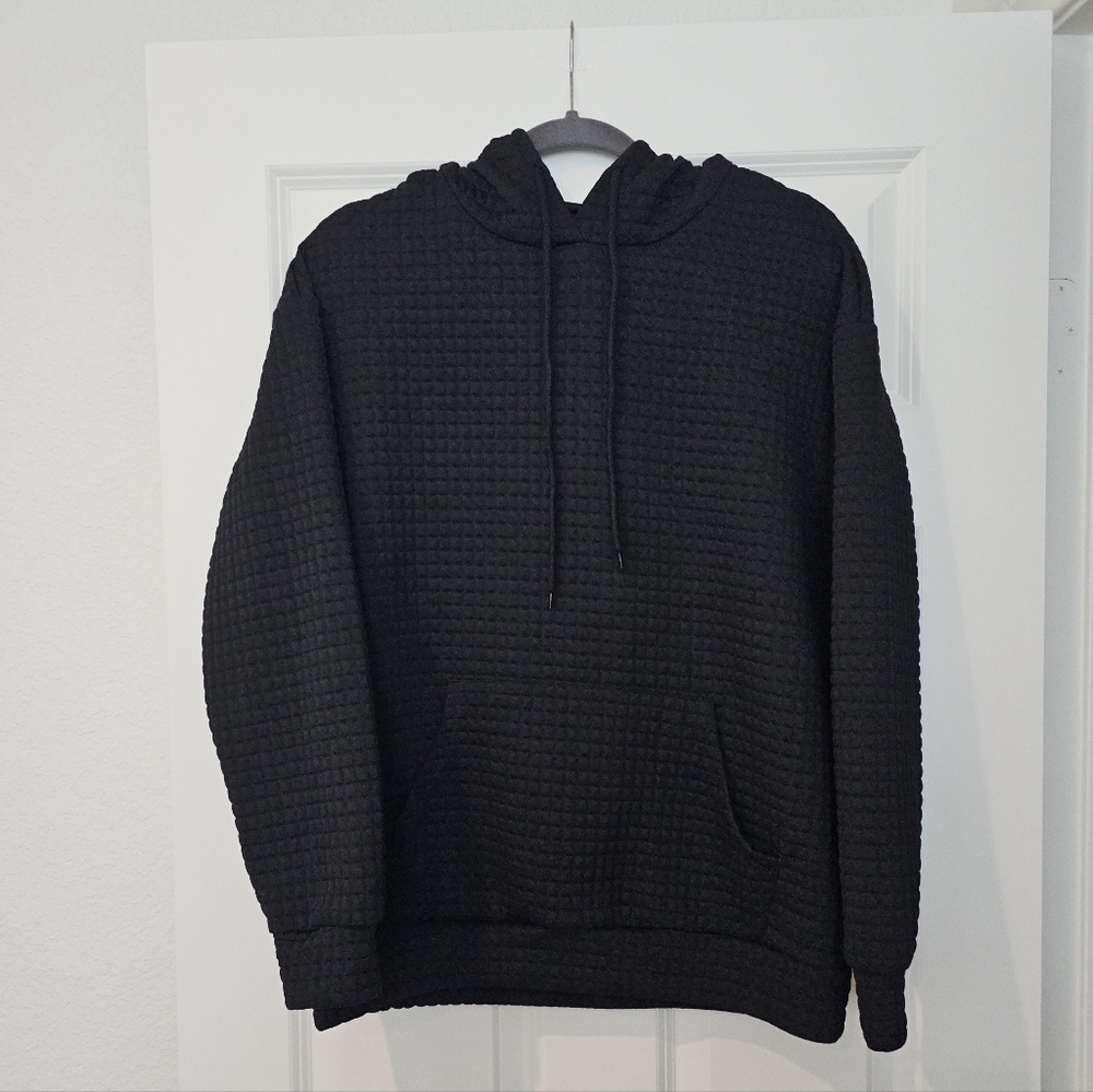 Quilted Textured Pullover Hoodie Sweatshirt Black S
